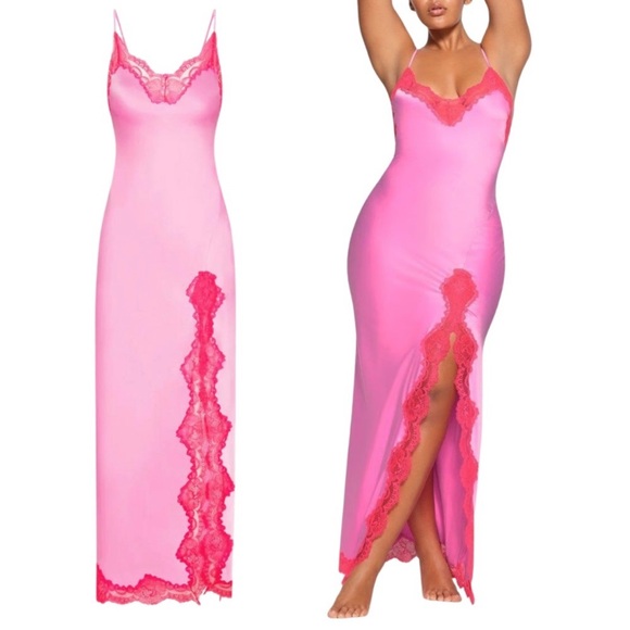 SKIMS Dresses & Skirts - Skims Stretch Satin Lace Long Dress Neon Orchid Valentine’s Day Lana Del Rey NWT